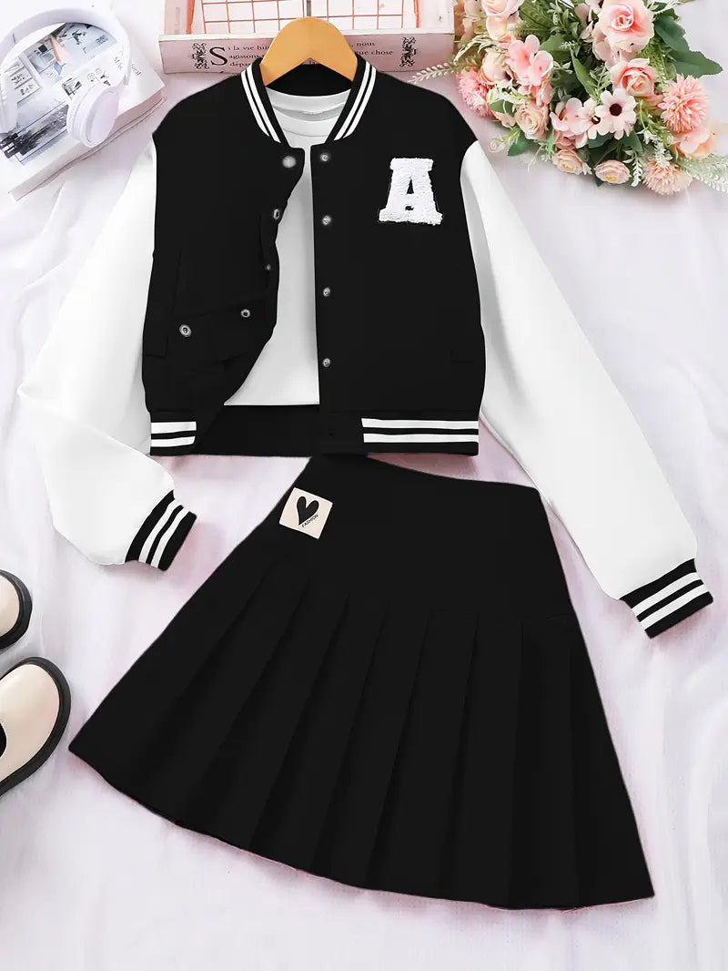 Preppy Style Basebsll Jacket and Pleated Skirt set