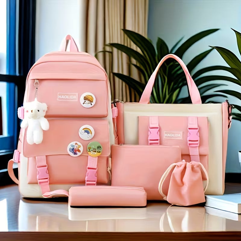 5pcs Campus Backpack Set, Canvas Backpack with Plush Bear, Badge, Coin Wallet