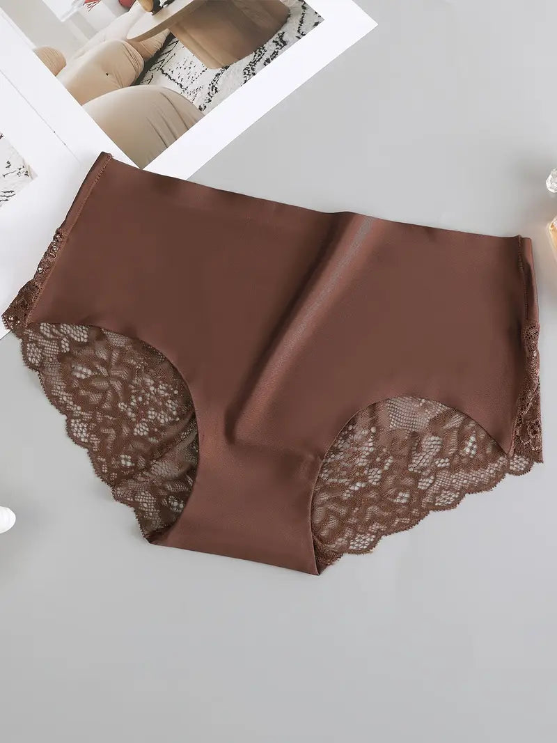 Set of 5 Women'S Seamless Lace Low-Rise Sexy Solid Color Panties, Triangle Shorts.
