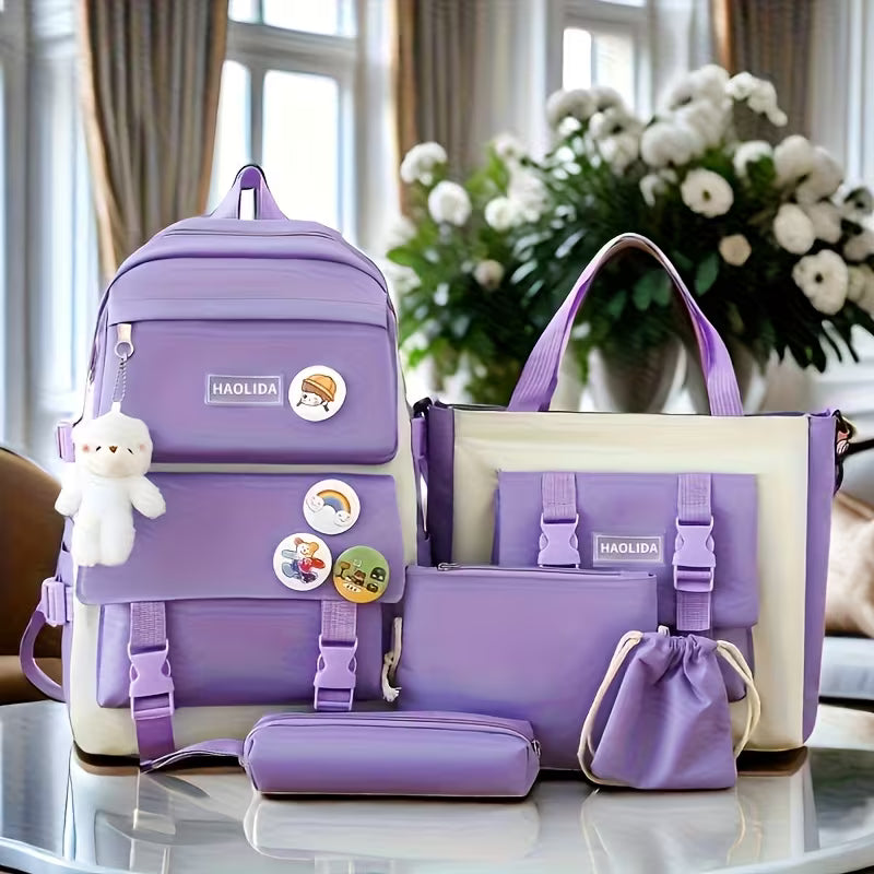 5pcs Campus Backpack Set, Canvas Backpack with Plush Bear, Badge, Coin Wallet