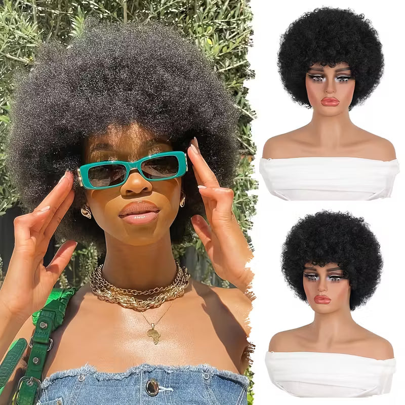 70's Afro Wig for Women, 25.4cm Short Afro Kinky Curly Wig, Glueless Synthetic Wig with Bangs, Puffy &amp; Fluffy Bouncy Afro Wig for Daily Cosplay Party business,