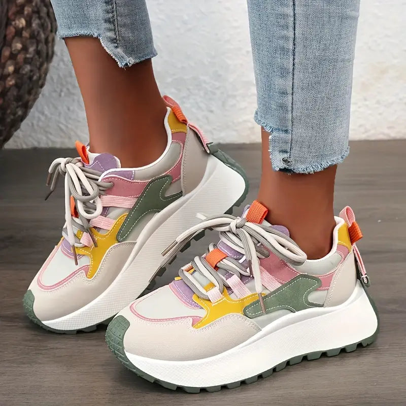 LYKU Women's 2024 Red Chunky Platform Lace-Up Dad Shoes - Low-Top Sneakers