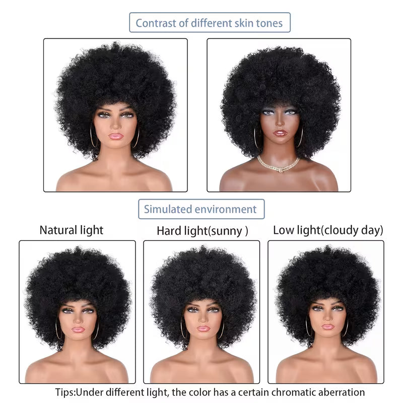 70's Afro Wig for Women, 25.4cm Short Afro Kinky Curly Wig, Glueless Synthetic Wig with Bangs, Puffy &amp; Fluffy Bouncy Afro Wig for Daily Cosplay Party business,