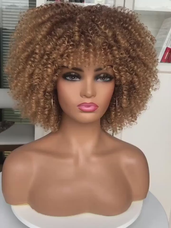 25.4cm Short Afro Kinky Curly Wig with Bangs - Synthetic Fiber Full Wig