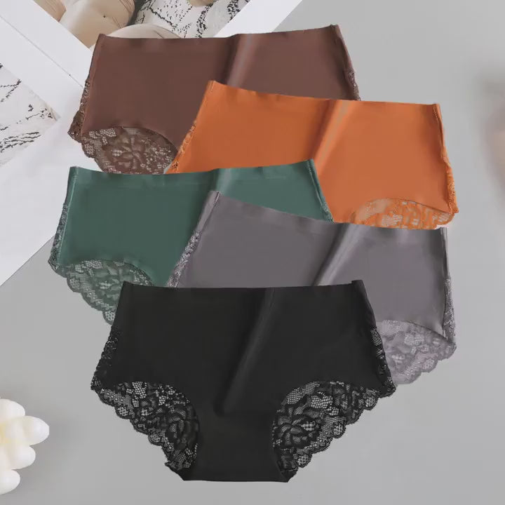 Set of 5 Women'S Seamless Lace Low-Rise Sexy Solid Color Panties, Triangle Shorts.
