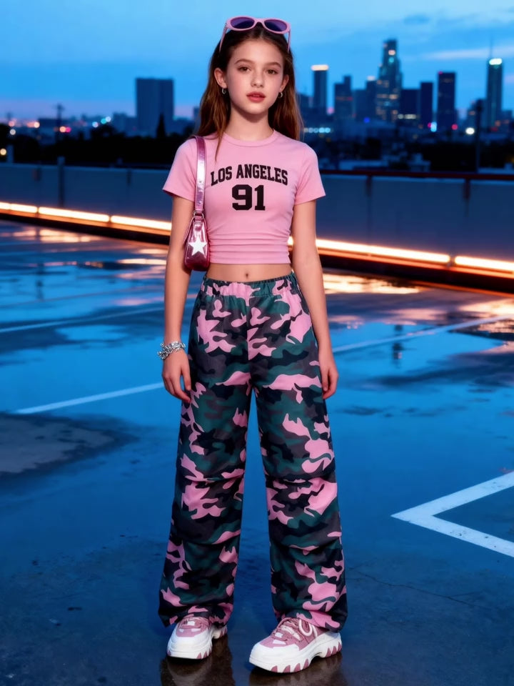 Girls Fashionable Camo Print Sleeve T-Shirt